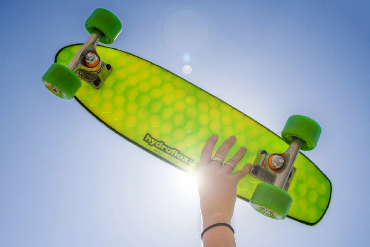 The new skateboard from Hydroflex uses a honeycomb design and construction process borrowed from its surfboard manufacturing process