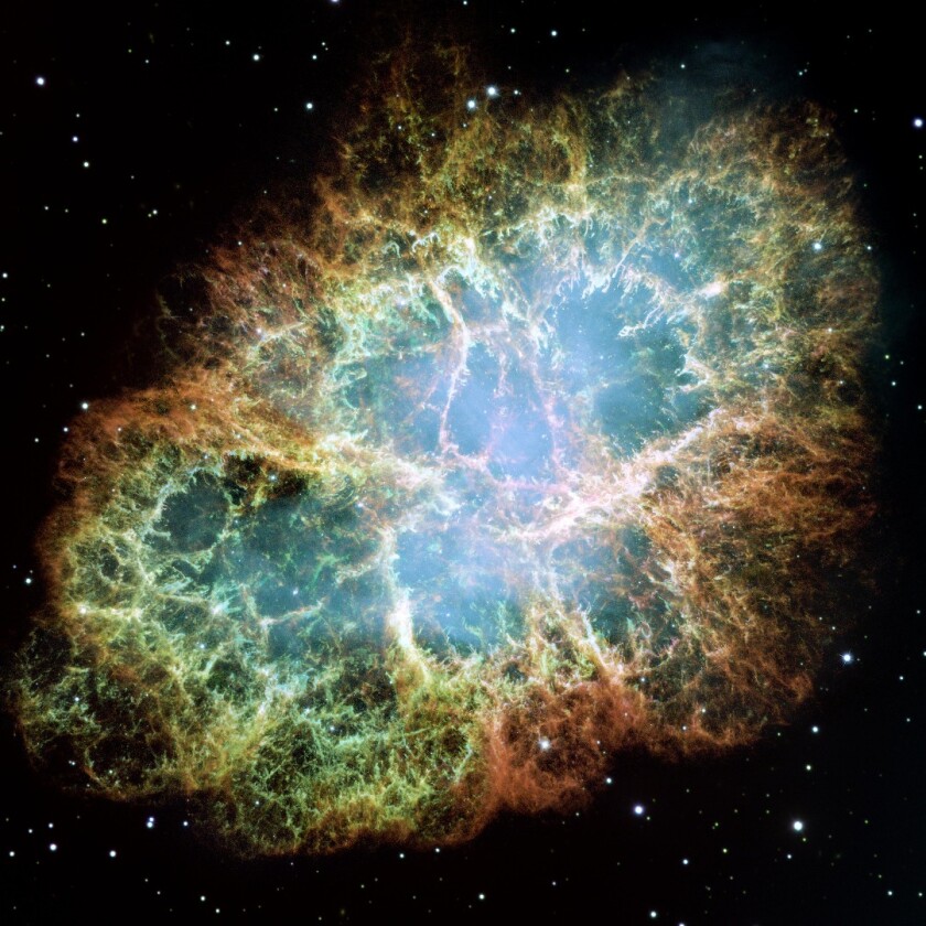 The Crab Nebula was created in a supernova that was so bright it was visible by the naked eye from Earth in the year 1054. It’s about 10 light-years wide and has a pulsar at its core, which crams the mass of the Sun into a neutron star just 30 km (19 mi) wide.NASA, ESA, J. Hester, A. Loll (ASU)