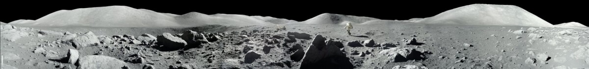 The scene during Apollo 17 at the Taurus-Littrow landing site, during the second moonwalk of the mission by Apollo 17 commander Eugene Cernan and lunar module pilot Harrison (Jack) Schmitt