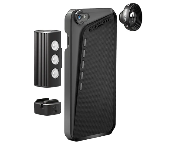 The Manfrotto Klyp+ case for iPhone 6 and 6 Plus can be used with lenses, an LED light, and a kickstand/tripod mount