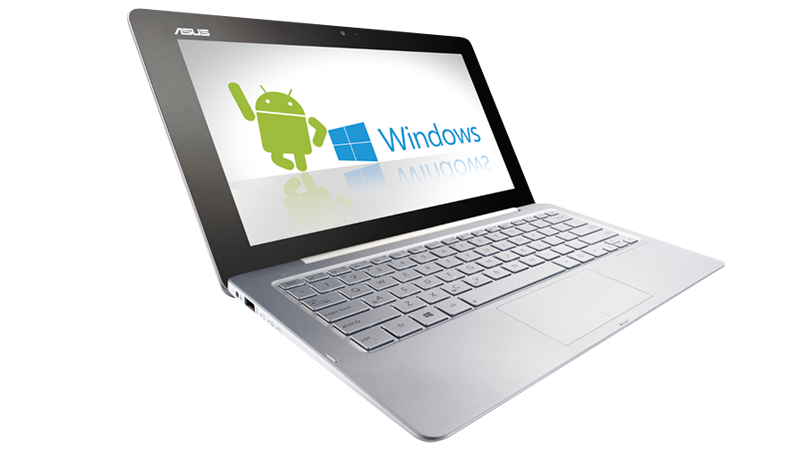 The tablet module runs Android and is powered by an Atom Z2580 processor, while the PC Station keyboard dock runs Windows 8 and is powered by an Intel Core i5 or i7 processor