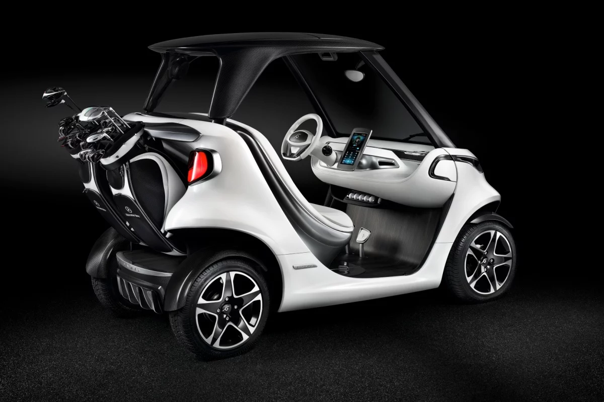 The golf bags are stored at an angle so golfers can easily slide clubs in and out