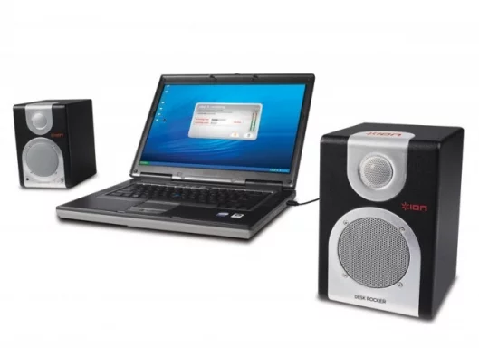 The US$149.95 DESK ROCKER speaker system consists of two self-powered desktop speakers, which plug into a standard wall outlet.