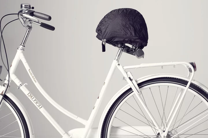 The HelmMate – it's like a helmet-storing umbrella for your saddle
