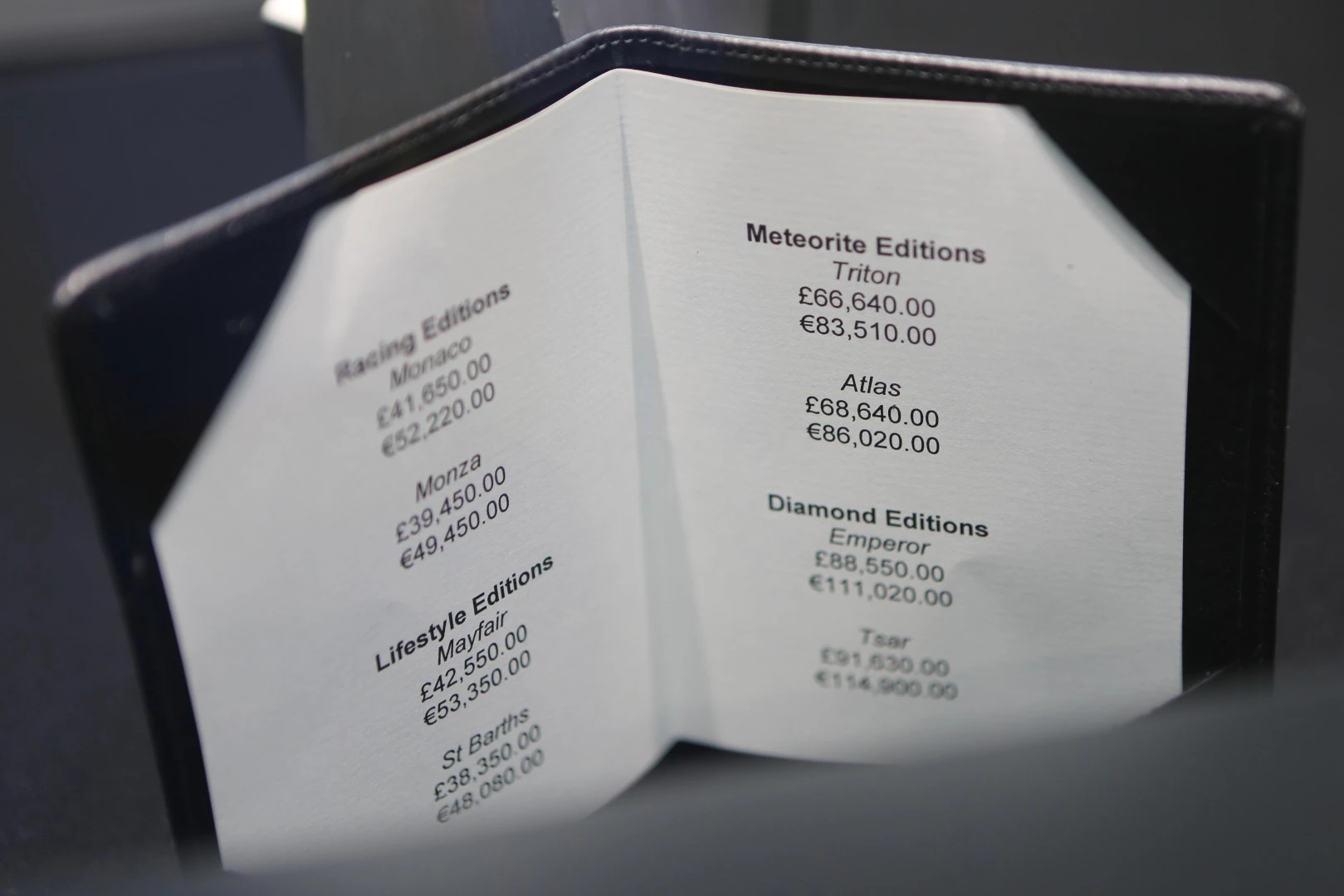 That one-in-a-billion Senturion exclusivity comes at a cost, as the price list at Top Marques clearly illustrates.