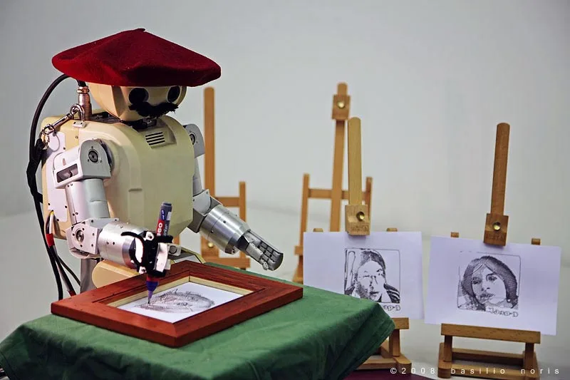 Fujitsu HOAP-3 programmed to sketch portraits from images it takes with its cameras (Photo: EPFL)