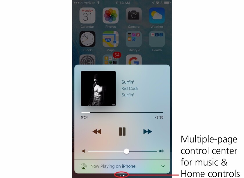 The updated control center lets you control music playback without unlocking your phone