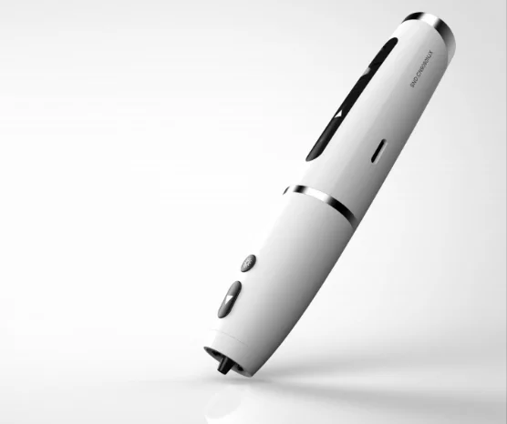 A LED on the side of the pen indicates battery charge level