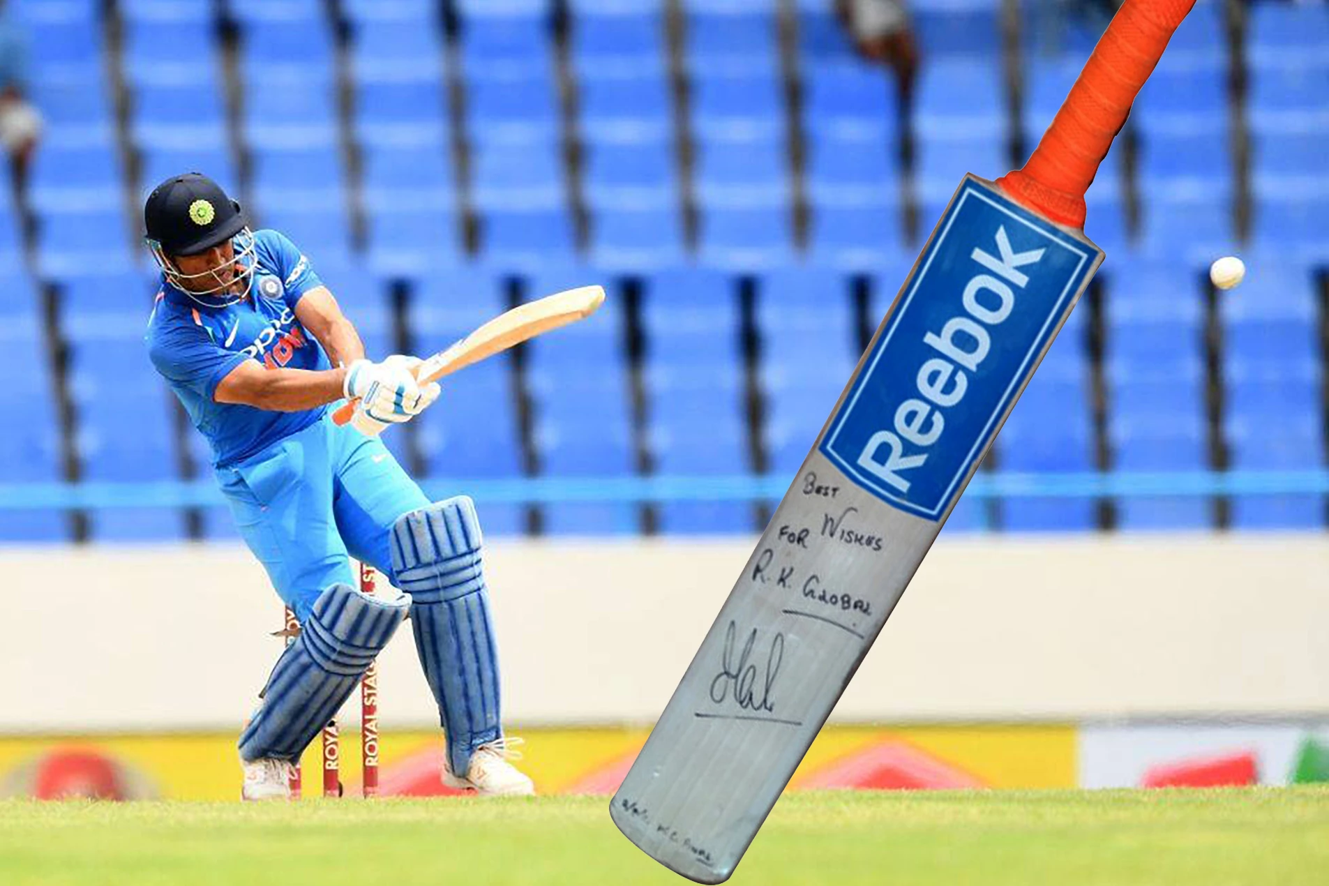 This is the bat with which Mahendra Singh Dhoni won the World Cup for India in 2011, striking 91 runs off 79 balls and lofting the final ball of the match into the crowd. The streets of Mumbai, New Delhi, Kolkata and Chennai were empty as the largest Indian television audience in history witnessed Dhoni's onslaught.
