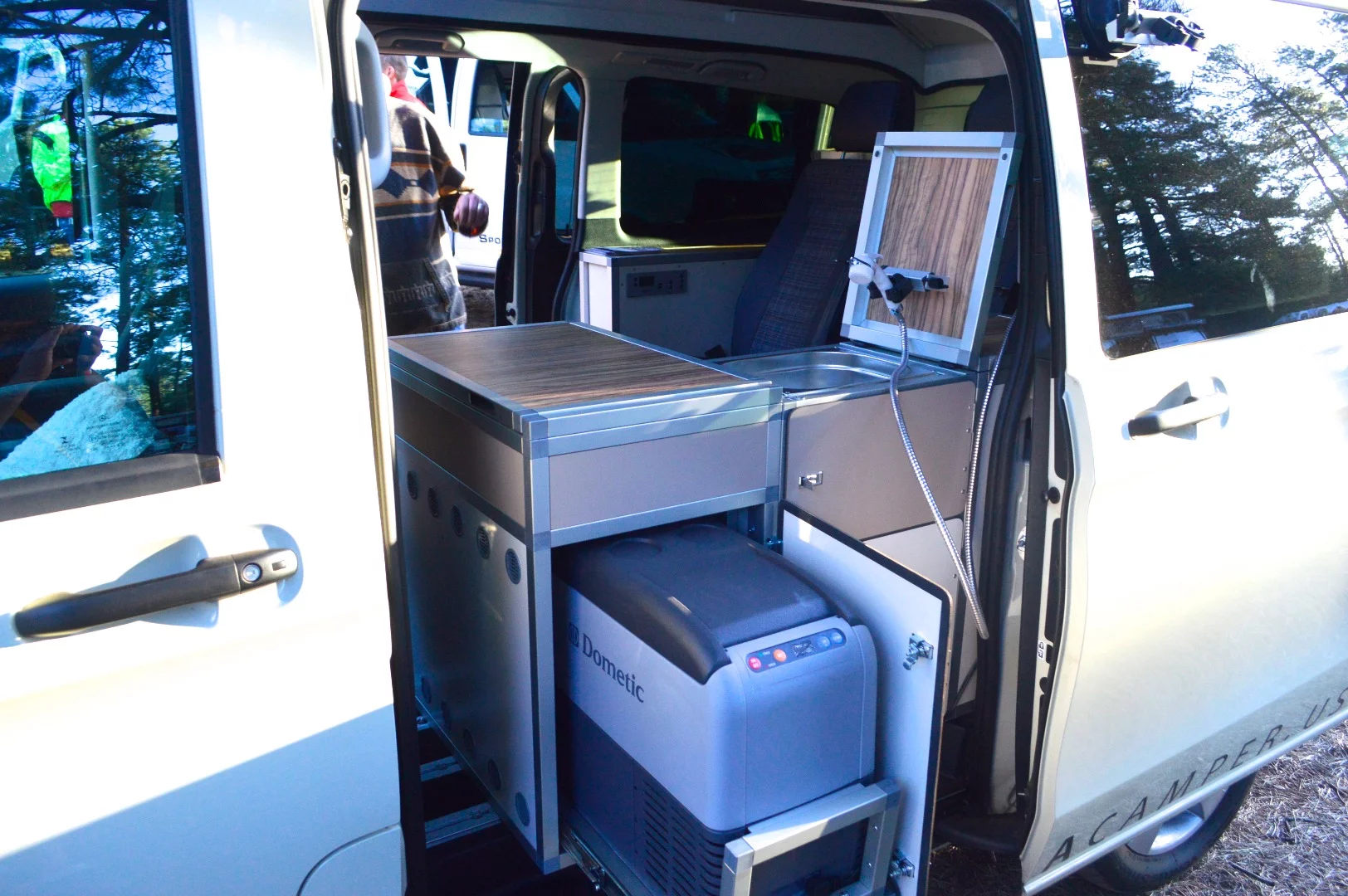 Slide-out Terracamper Metris fridge in action