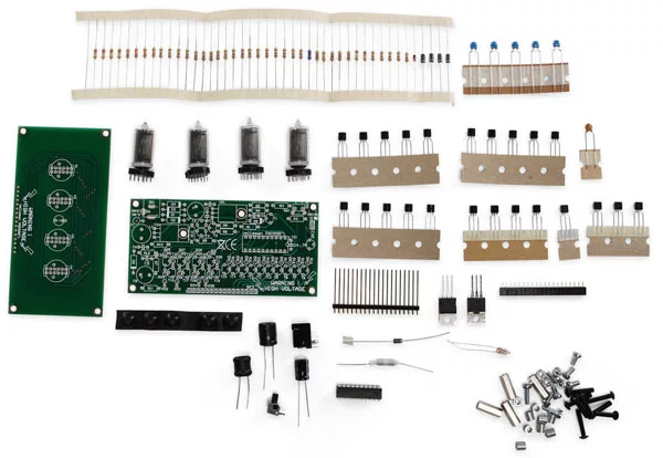 The parts included in the DIY Nixie Tube Desk Clock kit