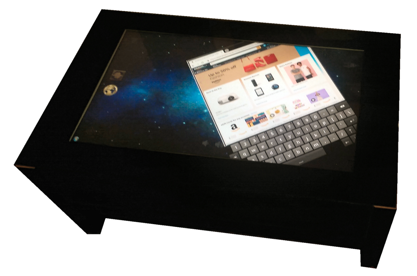 The Jigabyte coffee table is topped by a 32 inch capacitive touch display