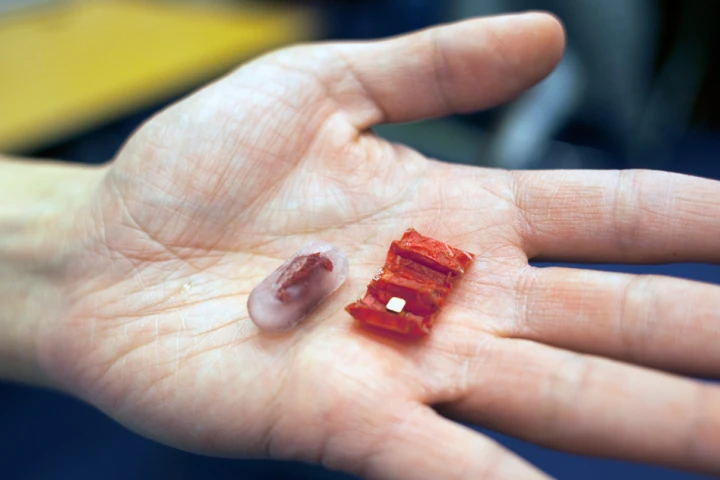The accordion-style origami robot folds up to fit inside an ice capsule that is small enough to swallow