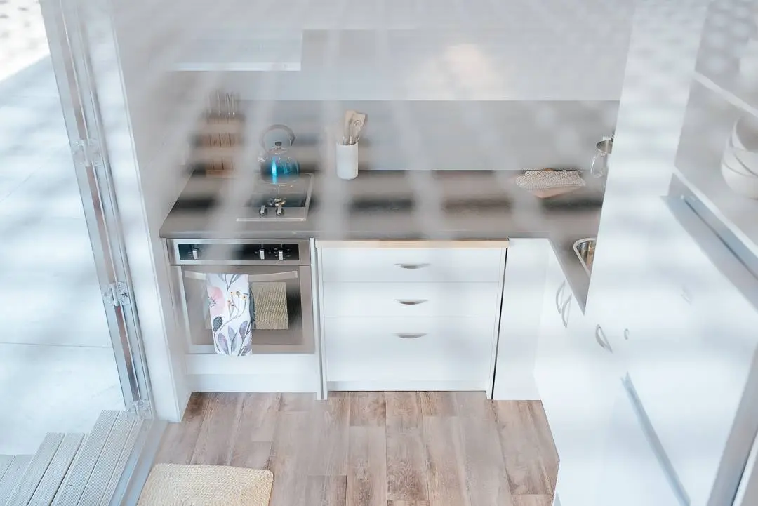 Top-down view of the Larissa and Tyler Tiny House's kitchen area
