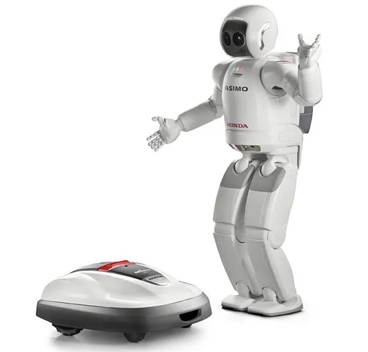 The Honda Miimo hanging with with Honda's other robot, ASIMO