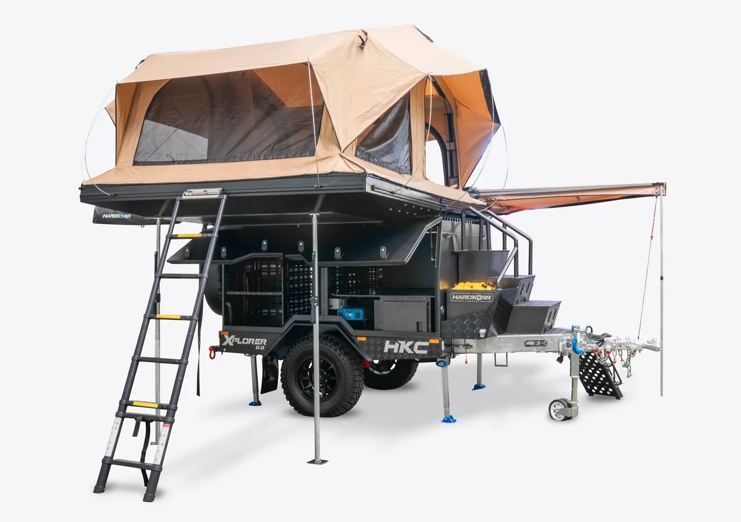 The gullwing hatches on this side appear to be impeded from fully opening by the tent base, but campers still have access inside