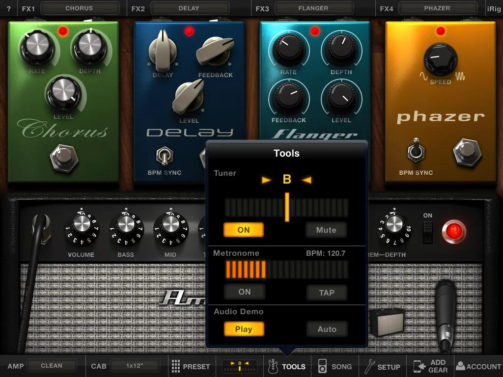 Screenshot of the tools menu which gives access to the chromatic tuner and integrated metronome