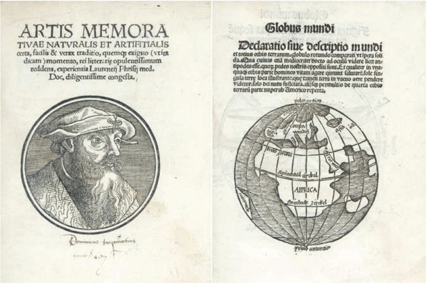 'Globus Mundi' does not list an author, but is considered so valuable because it is the first book on cosmography to officially use the term America as the common name to describe the "New World". It was published in Strasbourg (Germany) in 1509 by Johann Grüninger.