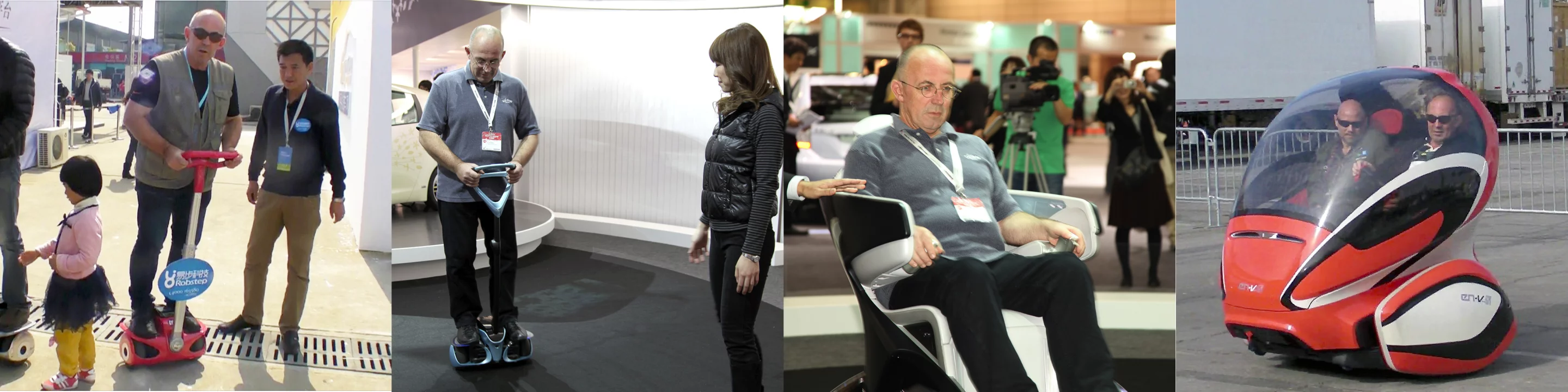 Author Mike Hanlon testing Robstep's M1, Toyota's Winglet prototype, Toyota's iREAL prototype and GM's EN-V prototype