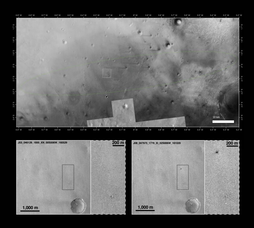 Schiaparelli landing zone (top) plus before (bottom left) and after (bottom right) impact images