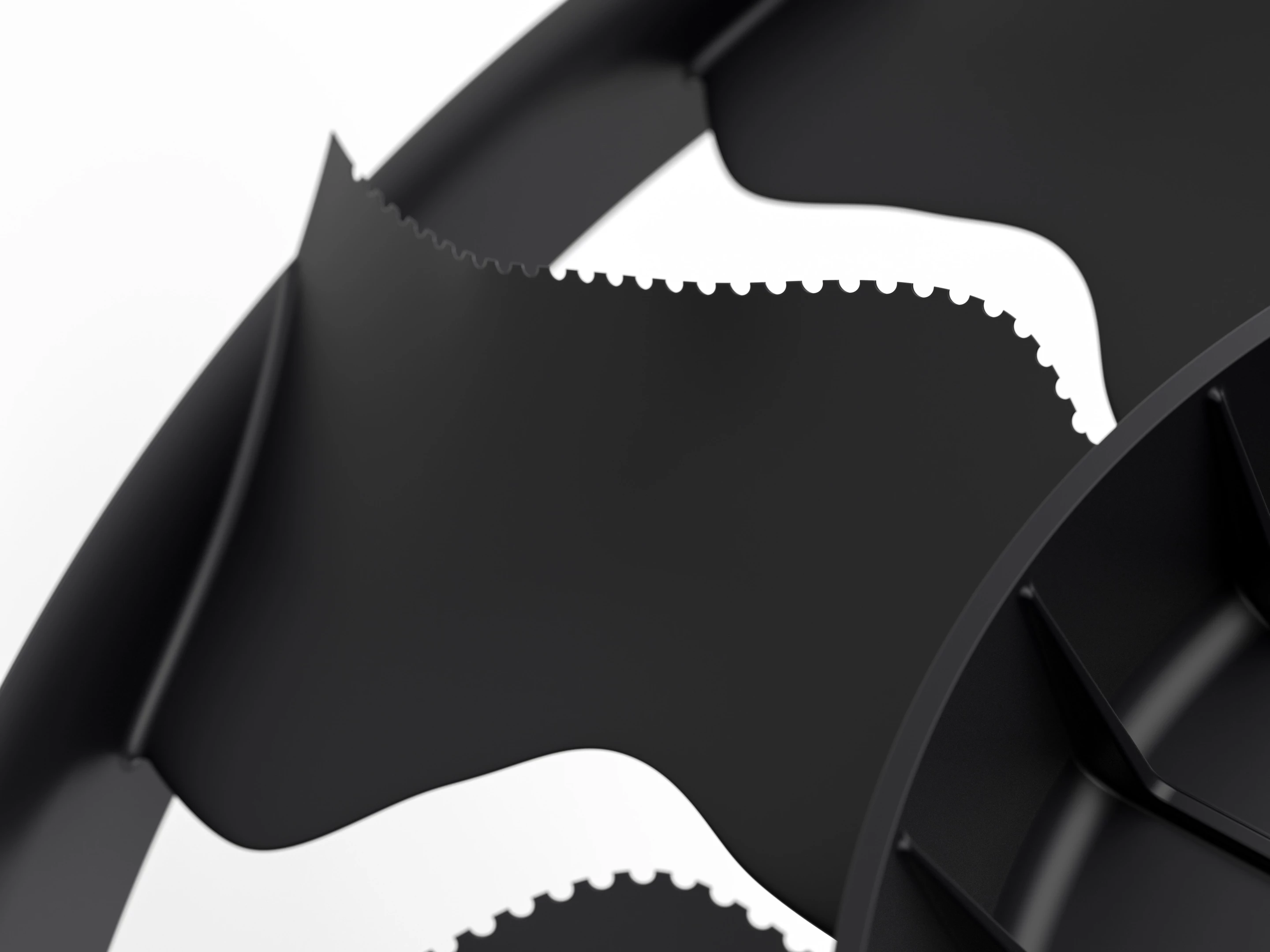 The wavy ribbon-like blades feature owl-inspired serrated edges for smoother airflow and less noise