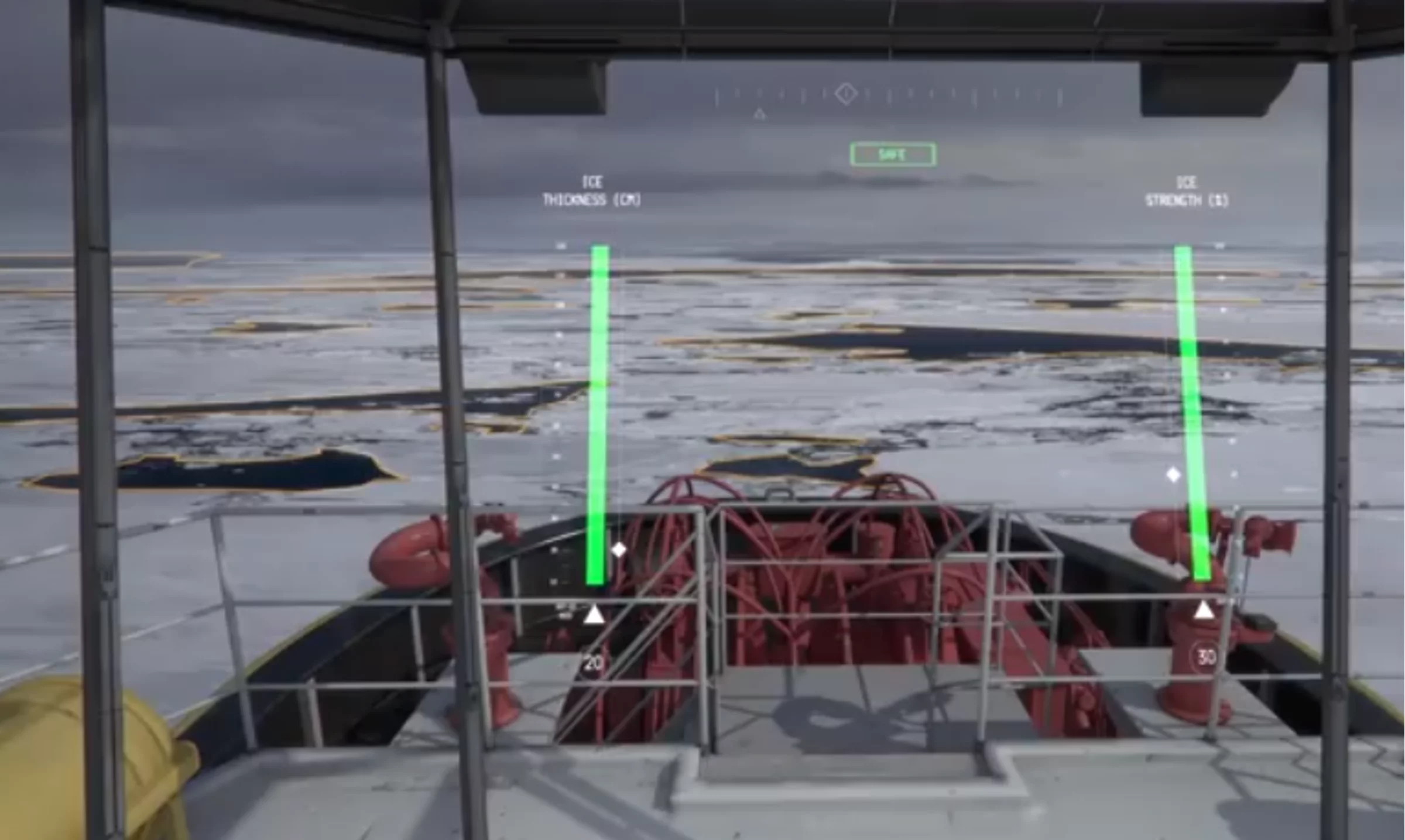 The heads-up display shows ice conditions