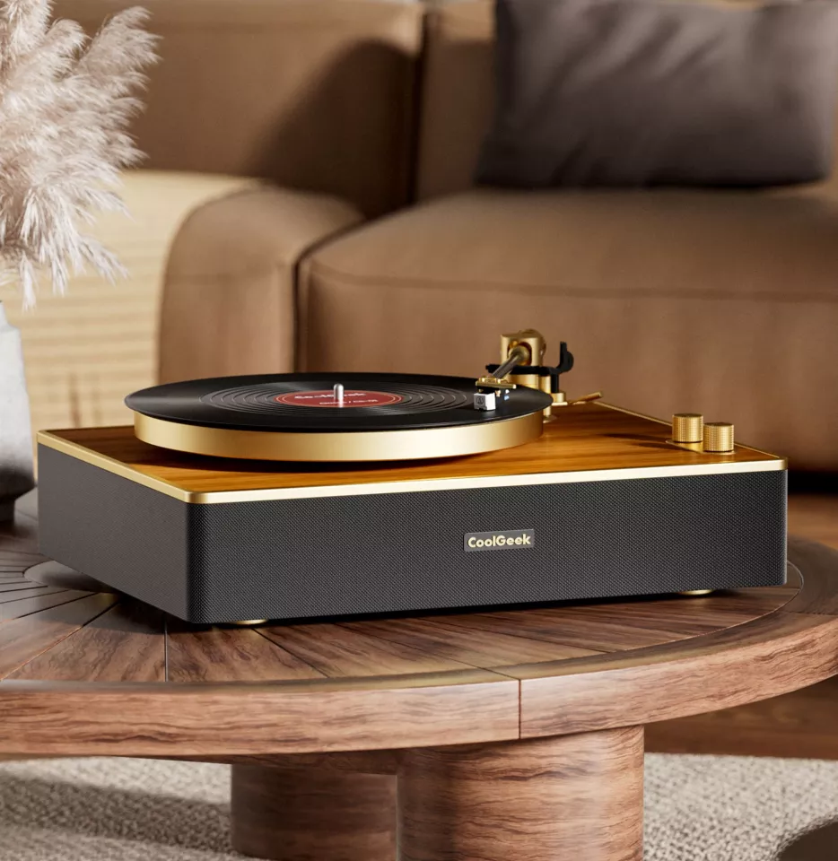 Within the housing below the turntable are two 15-W speakers and two 10-W tweeters driven by two 30-W amps