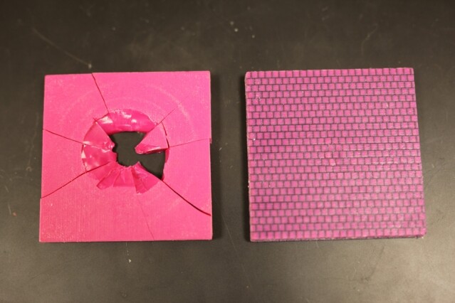 Testing proved that the geometry with the conch-like, criss-crossed features (right) was substantially better at preventing crack propagation