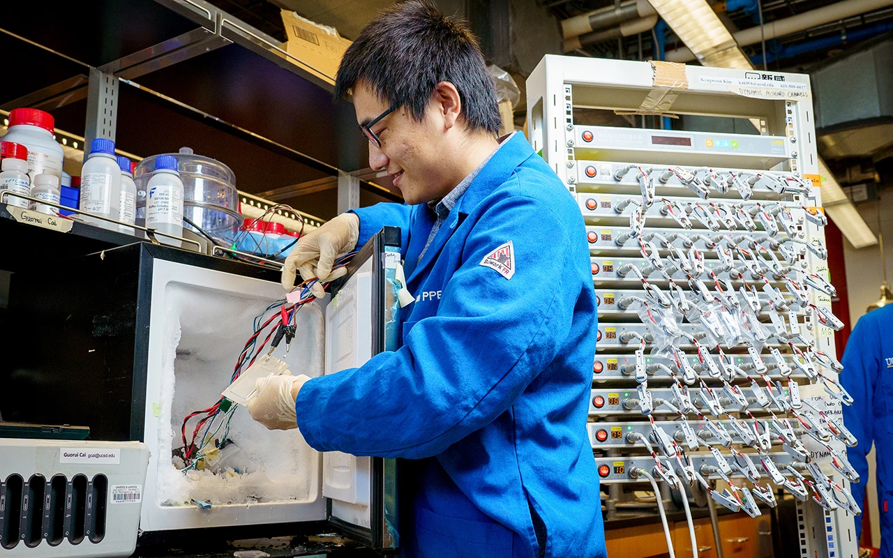 Study first author Guorui Cai prepares to test battery technology at sub-zero temperatures