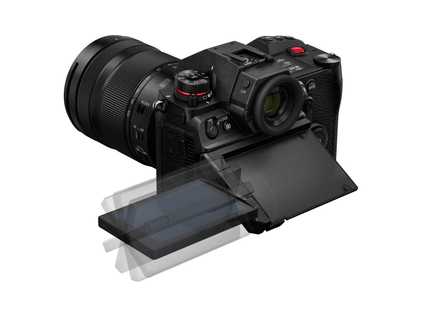 The S1H's rear touchscreen has a double hinge – it tilts up, or folds right out and rotates