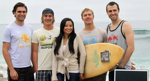 The science-of-surfboards team, left-to-right: Mechanical engineering undergraduates Victor Correa Schneider, Trevor Owen, Julia Tsai, Dan Ferguson; structural engineering PhD student Benjamin Thompson