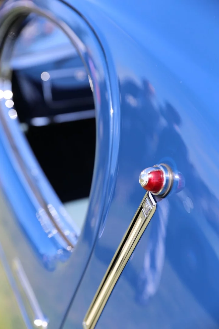 Art deco door handle graces the b-pillar on the 1948 Talbot Lago T26 Grand Sport Figoni Fastback Coupe