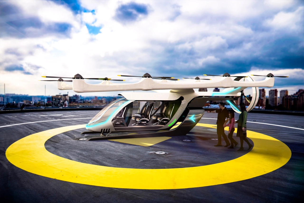 Uber imagines users of its flying taxi service traveling along fixed routes between hubs called Skyports