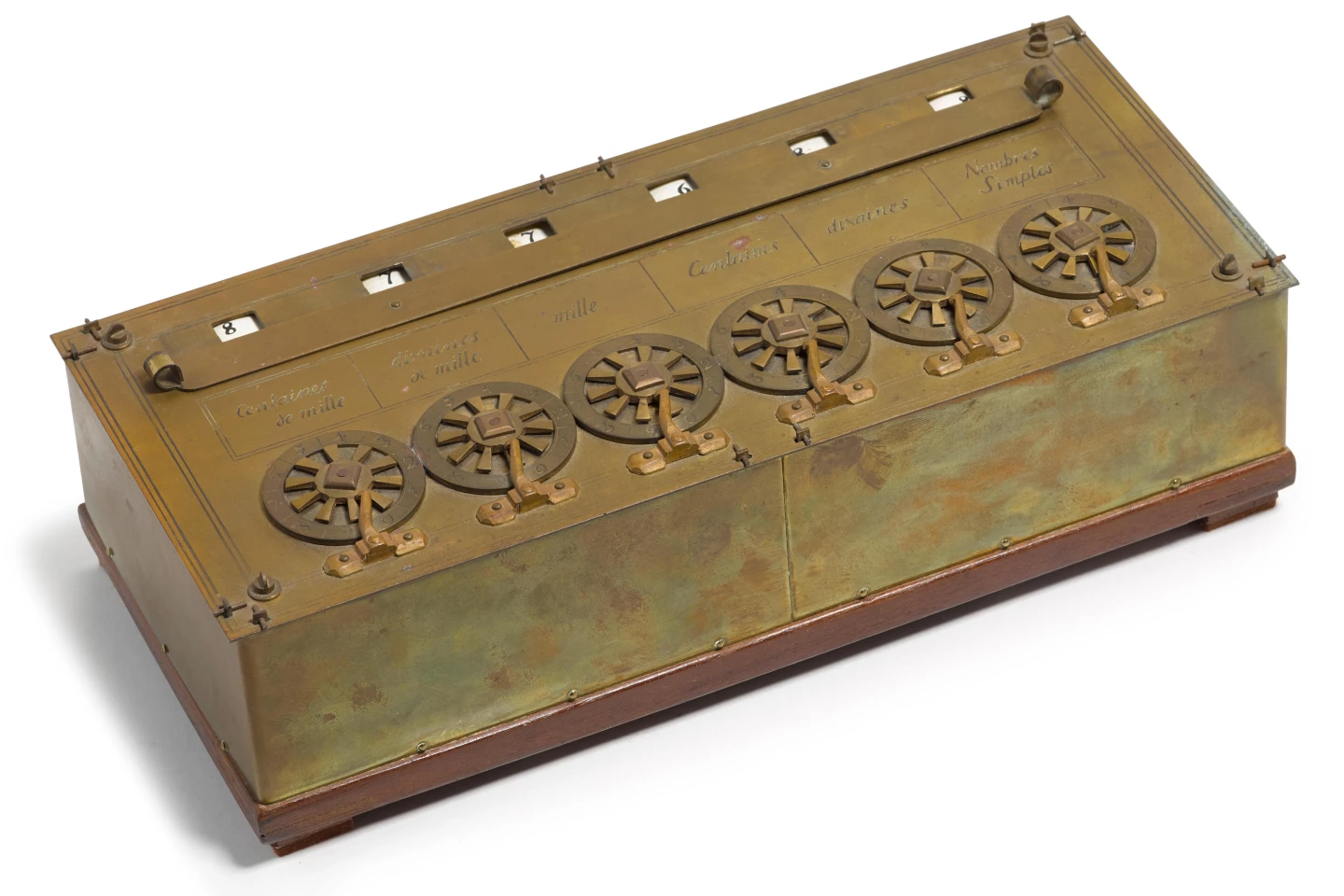 Replica of the calculator that 19-year old Blaise Pascal invented in 1642. It is considered to be the first mechanical calculator to add and subtract. Only 20 were ever produced and only nine are now known to exist, all within museums.