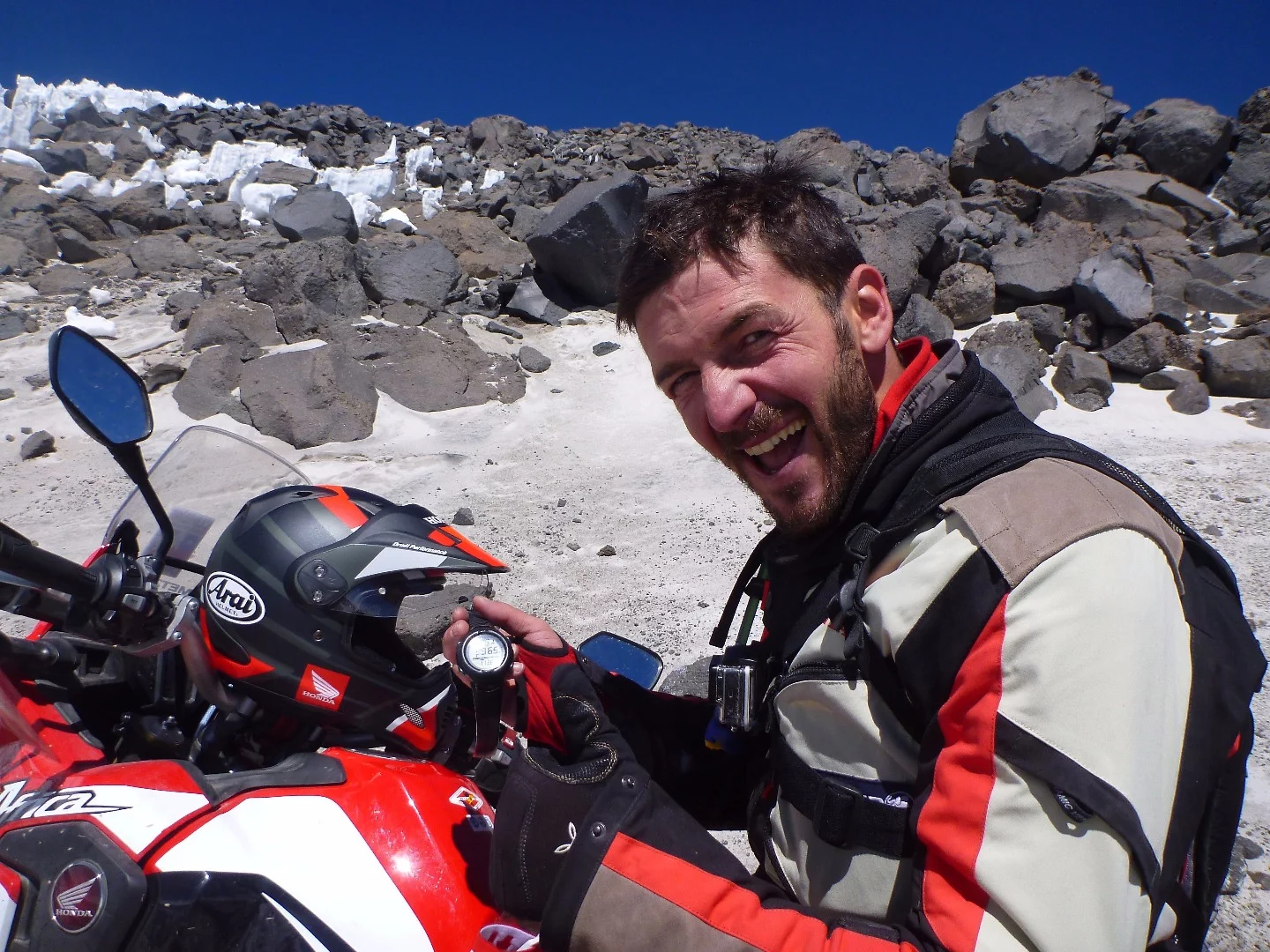 Fabio Mossini celebrates the record altitude he reached with the Honda Africa Twin