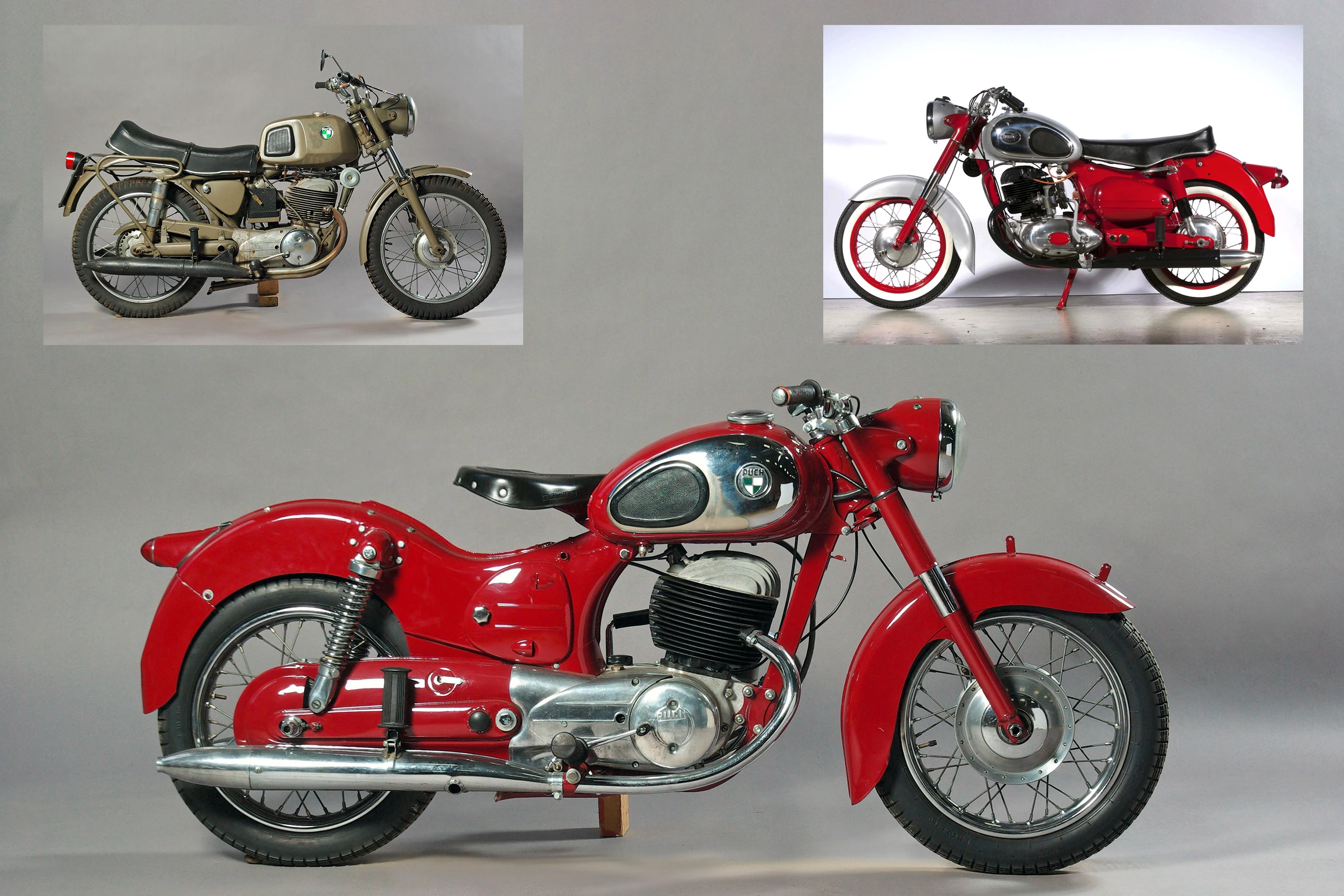 The Puch Twingle 250 had exceptional performance and reliability but cost too much to build, making it vulnerable when the Japanese two-stroke manufacturers hit the world market. It produced military versions and sold via the Sears catalog in America, but disappeared with two-stroke brand values in the 1970s. The three bikes pictured here sold cheaply at auction despite many wonderful attributes. Main image: 1955 Puck 250 SGS sold for £2,070 (US$2,700) at Bonhams. Top left: 1969 Puch 250MCH Military failed to meet £1,200 (US$1,600) reserve at Bonhams. Top Right: A museum restoration 1969 AllState Sears Puch 250 sold for $2300 at Mecum.