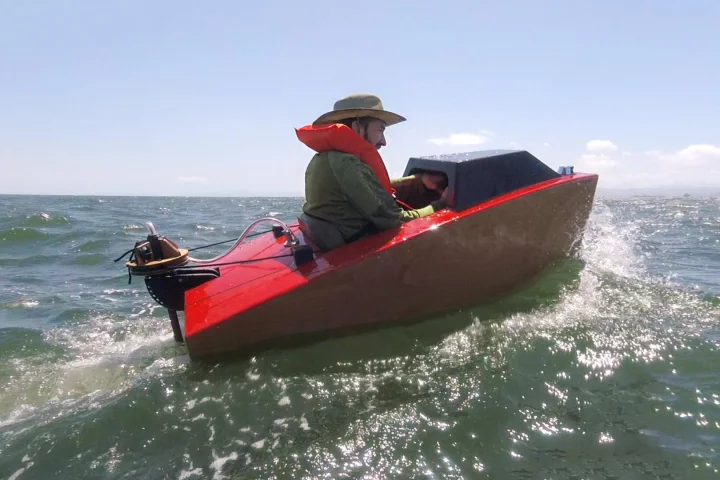 Rapid Whale's Josh Tulberg readily admits to being terrified as he ventured beyond the break-water in his electric Mini Boat