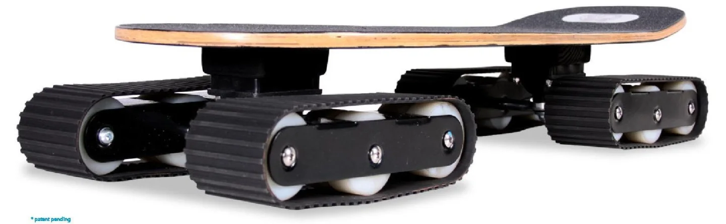 Beneath the deck are four heavy duty triple-wheel sets (with 36 wheels in total), around each of which runs a rubber tread for good traction