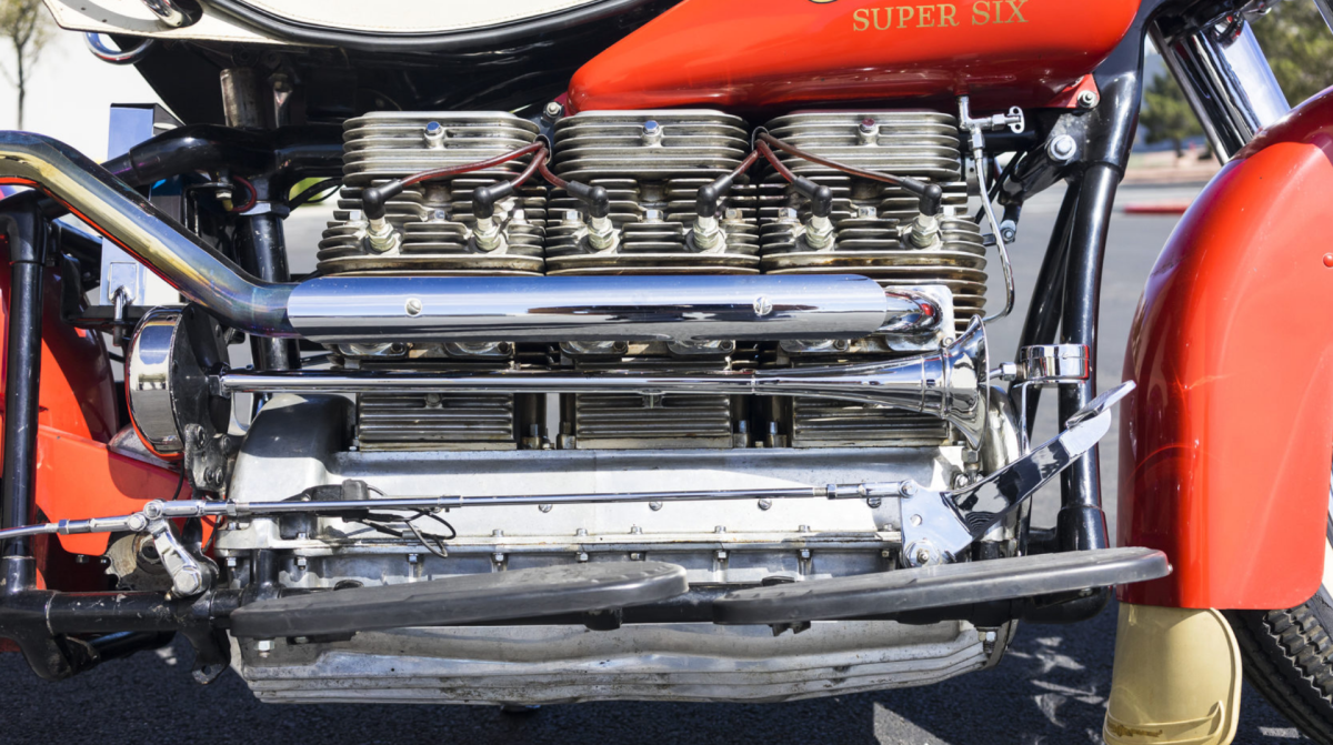 This 1938 Indian Super Six is a masterpiece made in period circa 1939-1940 by fusing together two 1938 Indian type 438 4-cylinder motors together to create a six-cylinder 1966cc engine. This is the second time this bike has been to auction, having first gone under the auctioneer's hammer in June, 2017 where it received a high bid of $100,000 (effectively $115,500 with commissions), but was passed in. This time it was bid to $73,000 and passed in, with a deal done after the auction to secure a sale at $77,000. The full story of the construction of the bike and frame can be found in the Auction Catalog Description.