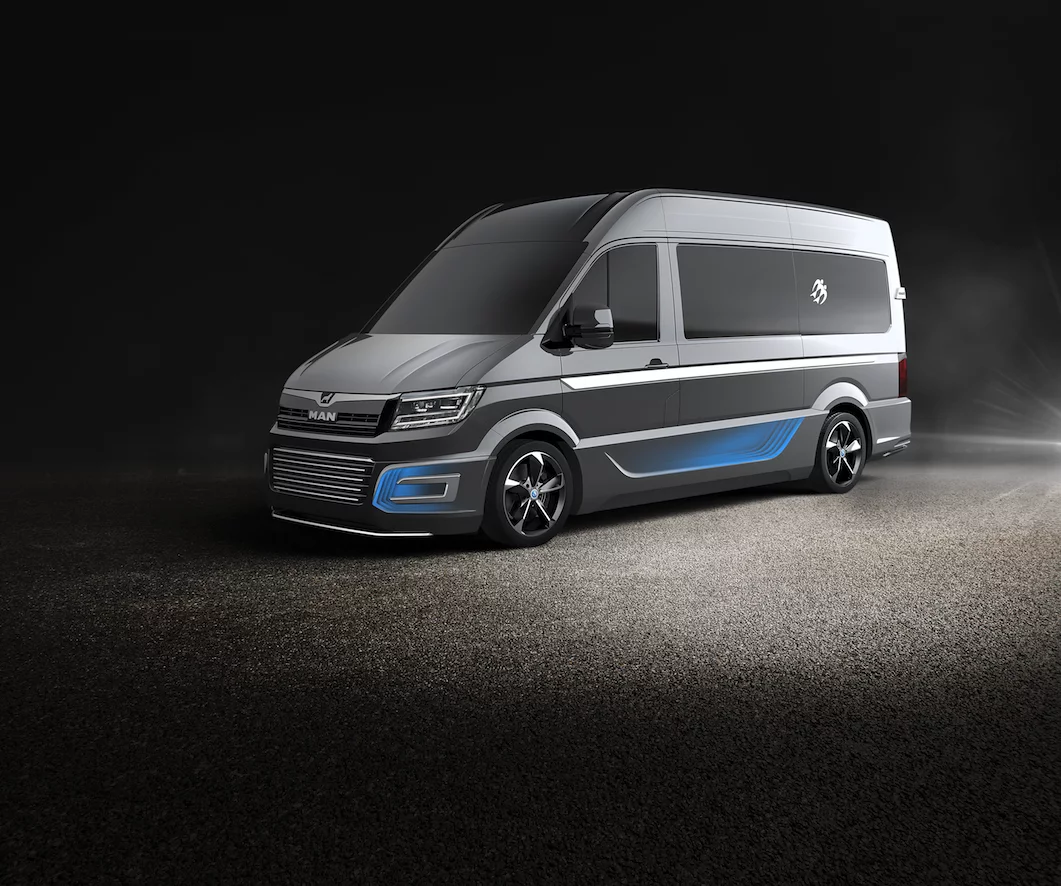 We like the look of the MAN TGE van for a camper, and Knaus brings it to life a little more with a dual-color paint job, front spoiler and more