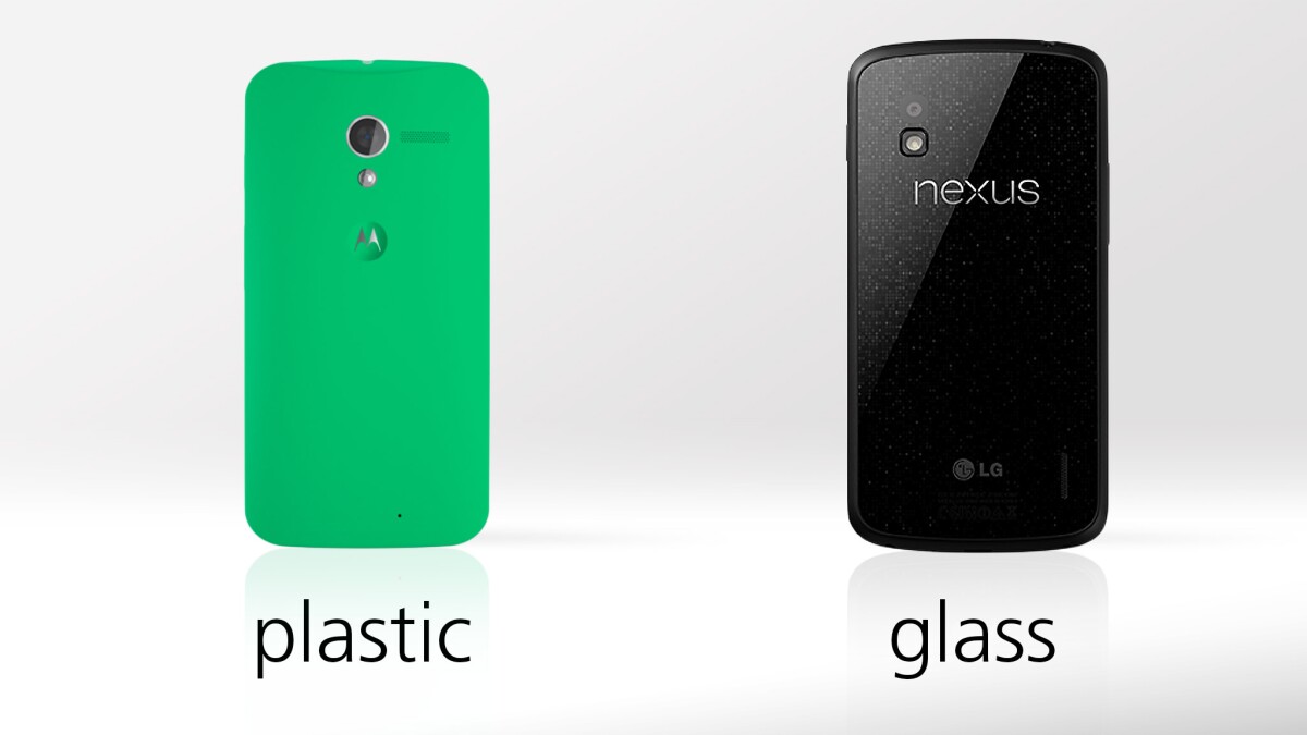 The Moto X is made of plastic and customizable, while the Nexus 4 has a glass back