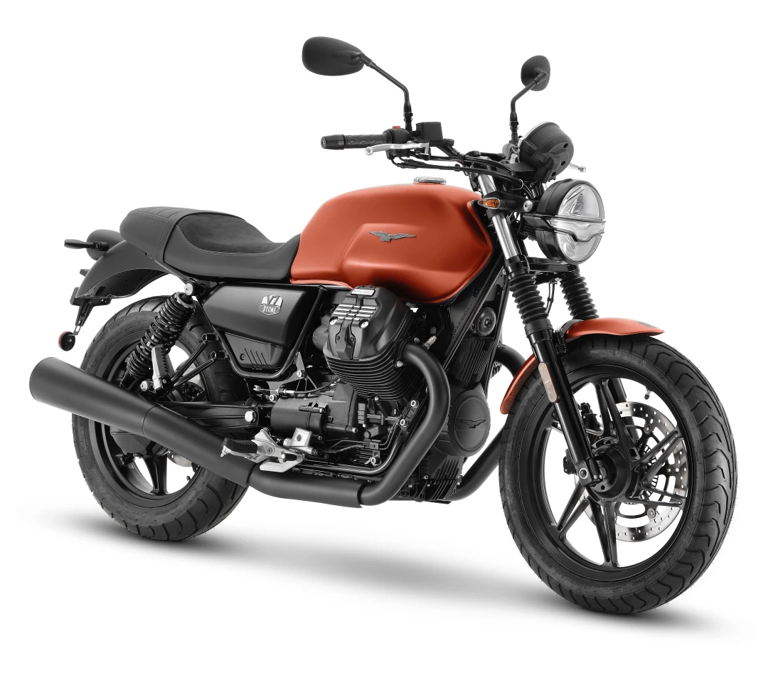 The 2021 Moto Guzzi V7 Stone in the orange "Arancione Rame" color