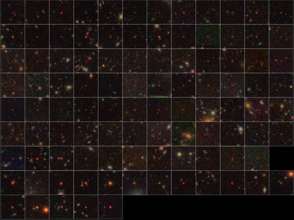 The 100 quasars, as imaged by the HSC. The top seven rows are the 83 newly discovered quasars, while the bottom two rows show the 17 previously-known ones