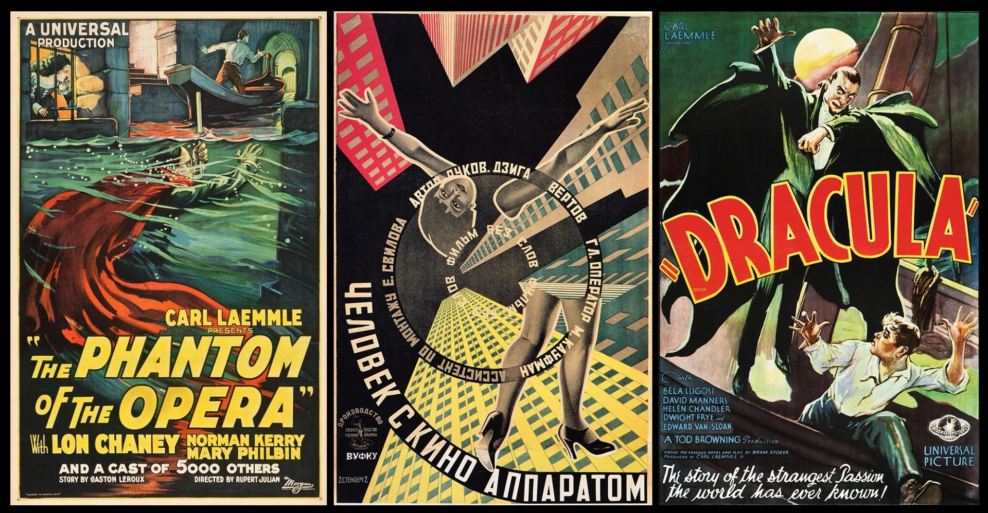 The movie poster from the 1925 movie Phantom of the Opera sold for $203,150 at a Heritage auction in 2004. The movie poster for the 1929 Russian movie Man with the Movie Camera sold for $176,326 at a Christies auction in 2012. Posters from the 1931 movie Dracula appear regularly in the top 100 most valuable movie posters, with this poster having fetched $143,400 at a Heritage Auction in 2012.