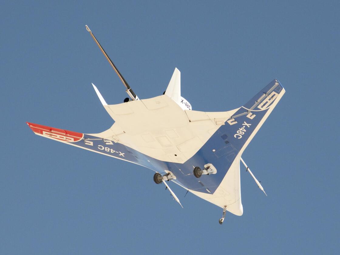The manta ray-like shape of the X-48C Hybrid Wing Body aircraft is obvious in this underside view (Photo: NASA / Carla Thomas)