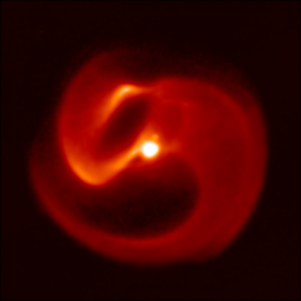 A thermal infrared image of Apep, where the "pinwheel" structure of dust and gas surrounding the dying star is clear