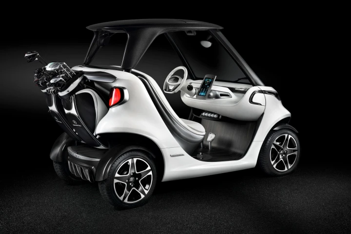 The golf bags are stored at an angle so golfers can easily slide clubs in and out