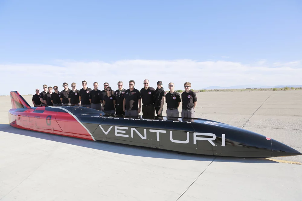 The VBB-3 team gathers around the car(Photo: Denis Boussard/Venturi Automobiles)