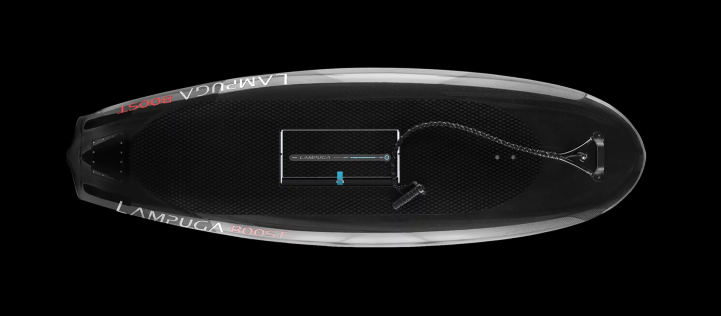 Lampuga's carbon fiber Boost surfboard now boasts a top speed of 36 mph (58 km/h) with power coming from a 10-kW electric motor