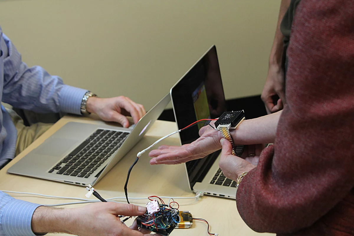 The Wristify thermoelectric bracelet being put to the test at MIT's MADMEC (Photo: Franklin Hobbs)